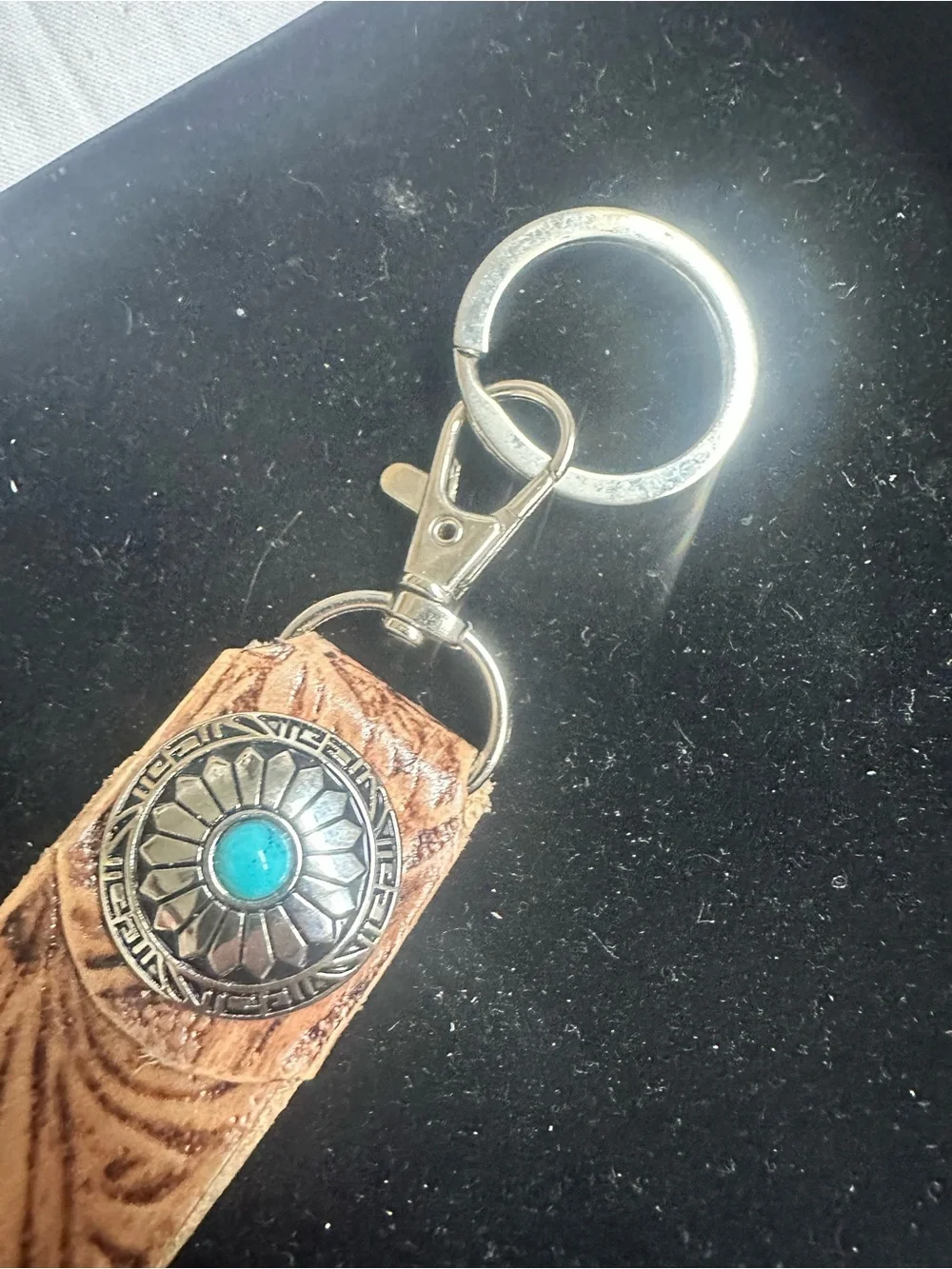 Leather Floral Embossed Wristlet Key Fob - Tan